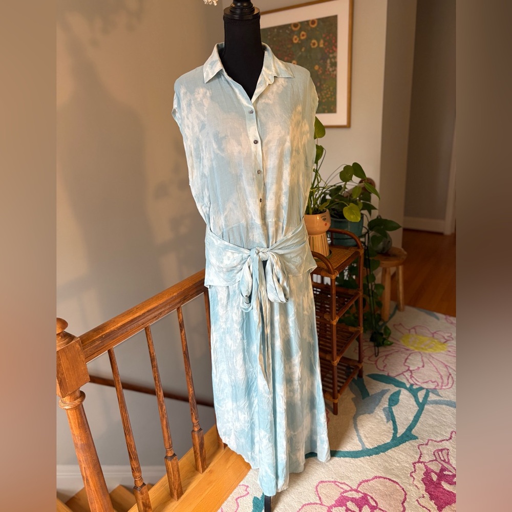 Olivaceous Blue and White Tie Dye Tie Front Maxi